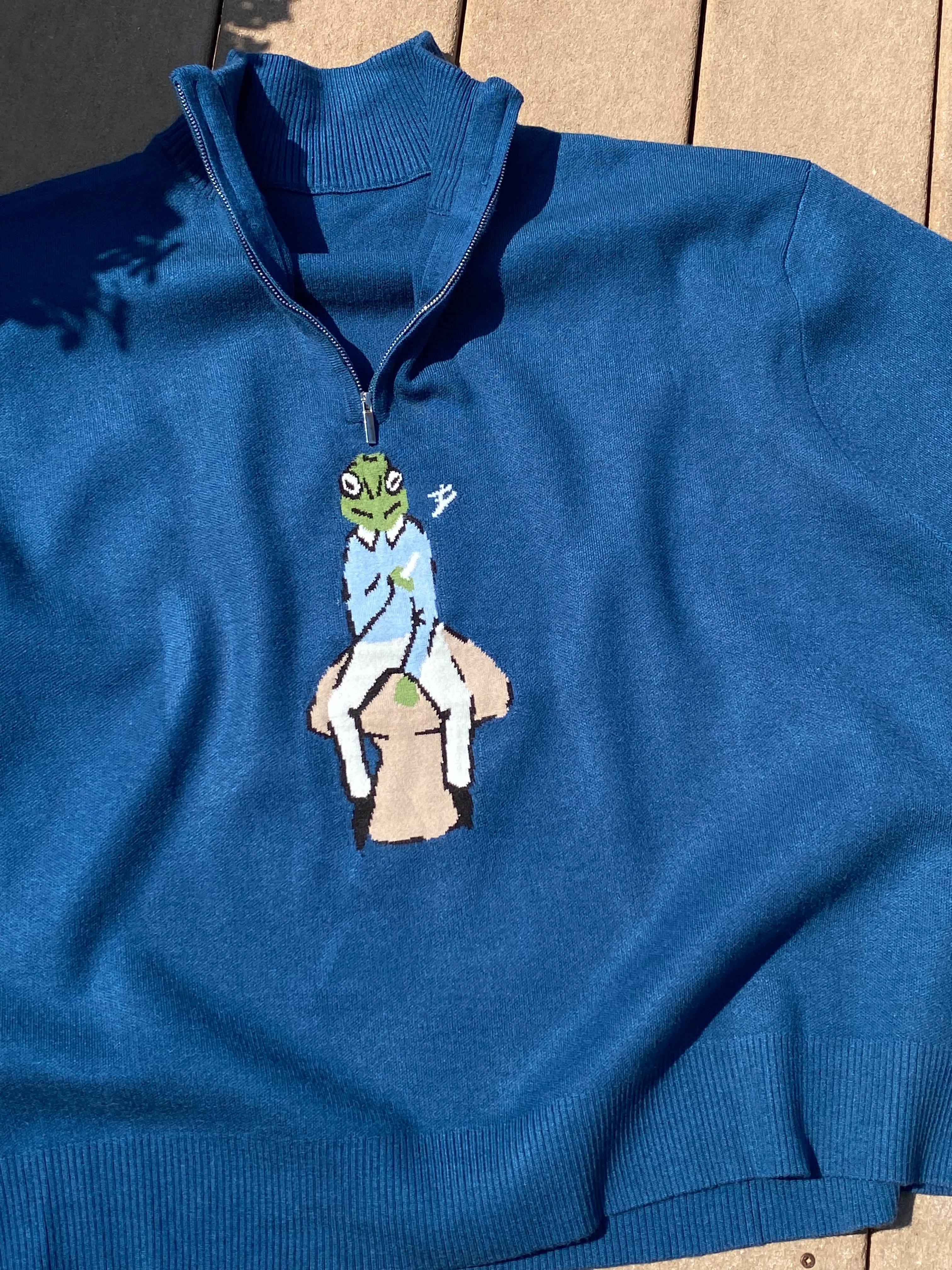 Blue Knit Qtr-Zip Frog Sweater - Image 3